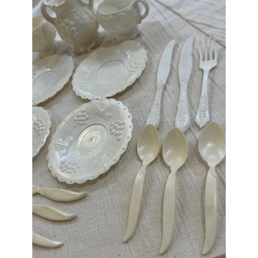 Vintage Toy Tea Set and Play Kitchen Utensils Lot Grape Pattern Plastic Retro
